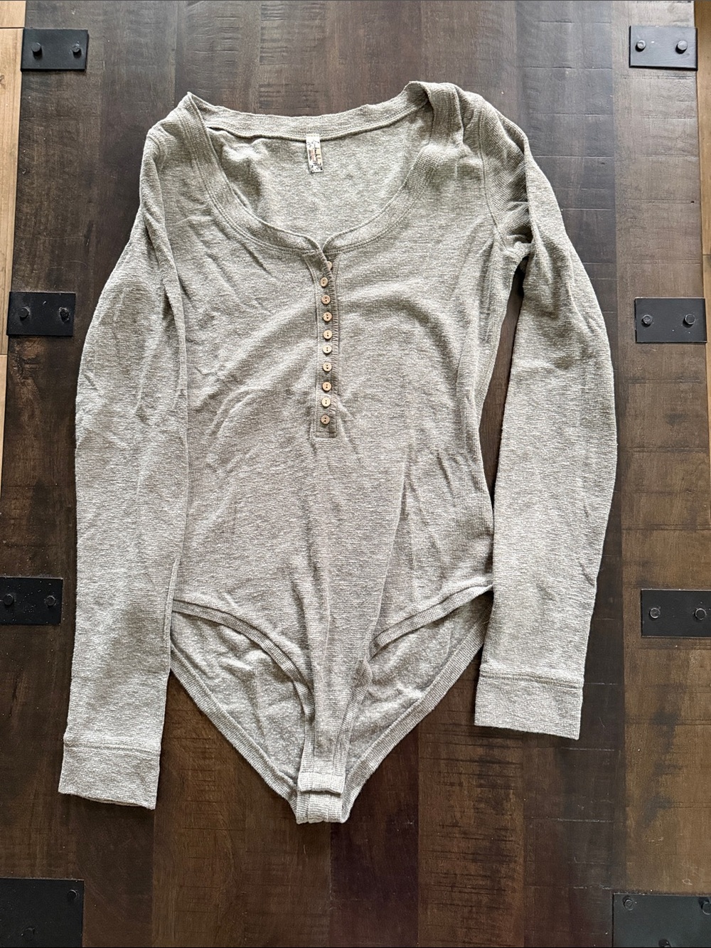 Free People Heather Gray Long-Sleeve Henley Bodysuit